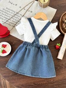 SHEIN 2pcs/Set Baby Girl Fashion Cute Letter & Strawberry Pattern Casual Ruffle Collar Short Sleeve Top And Bib Skirt, Summer Suitable For Vacation - Multicolor - View 2