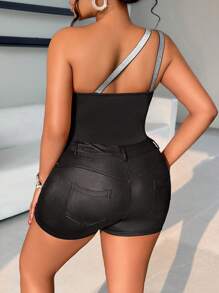 Maweii 2025 New Large Metallic Silver Ribbon Slanted Shoulder Asymmetric Bodysuit Top. Stretch, Slit, Knitted, Cocktail Party, Bridesmaids, Weddings, Four Seasons, Graduation, Festivals, Music Festival Parties.