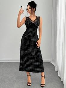 Chiquease 性感优雅优雅V领蕾丝拼接波点印花紧身连衣裙 - 黑色 - 查看 4