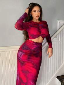 Firerie Vestido elegante y romántico de estilo elegante para mujer, adecuado para fiesta, vacaciones, vuelta al colegio, cita romántica y boda, vestido de fiesta, vestido de manga larga ajustado con pliegues y estampado floral en degradado morado - Multicolor - Ver 7