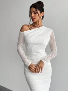Firerie 优雅简约浪漫迷人时尚 Ins 风格女式白色长袖修身连衣裙，采用纹理面料，斜肩，适合情人节、约会、日常、派对 - 白色 - 查看 6