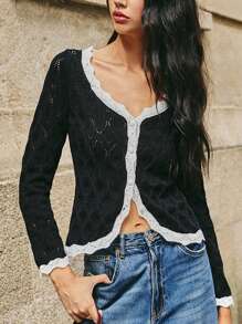 Poéselle Women's Cardigans Black & White Elegant Long Sleeve Cardigans Crochet Sweaters Women's Color Block Long Sleeve Single-Breasted Casual Black Cardigan, Autumn/Winter For Women Clothes Winter Women Outfits Y2k Clothes Black Long Sleeve Top Women Outfits Women Tops,Long Sleeve Top,