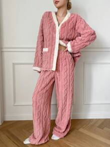 DAZY 2pcs Textured Flannel Patchwork Design Casual Loose Pajama Set,Thermal Lined - Pink - View 6