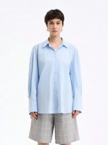 SHEIN Clasi 女士简约纯色优雅休闲商务舒适宽松插肩长袖衬衫，春秋 - 淺藍色 - 查看 6