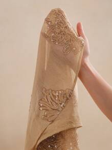 Anewsta 宽松半透明 V 领刺绣长袖衬衫，饰有彩色亮片细节，彰显女性优雅的办公室风格 - 香檳色 - 查看 7