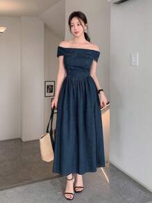 DAZY 女士露肩短袖牛仔连衣裙 - 深色水洗藍 - 查看 2