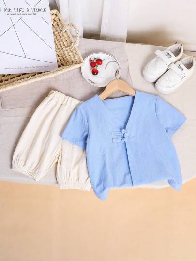 2st set YoungBoys enfärgad linne Knäppning vävda långbyxor, bekväma för vardagskläder, utomhuslek, resor, skola, vår/sommar kinesisk outfit