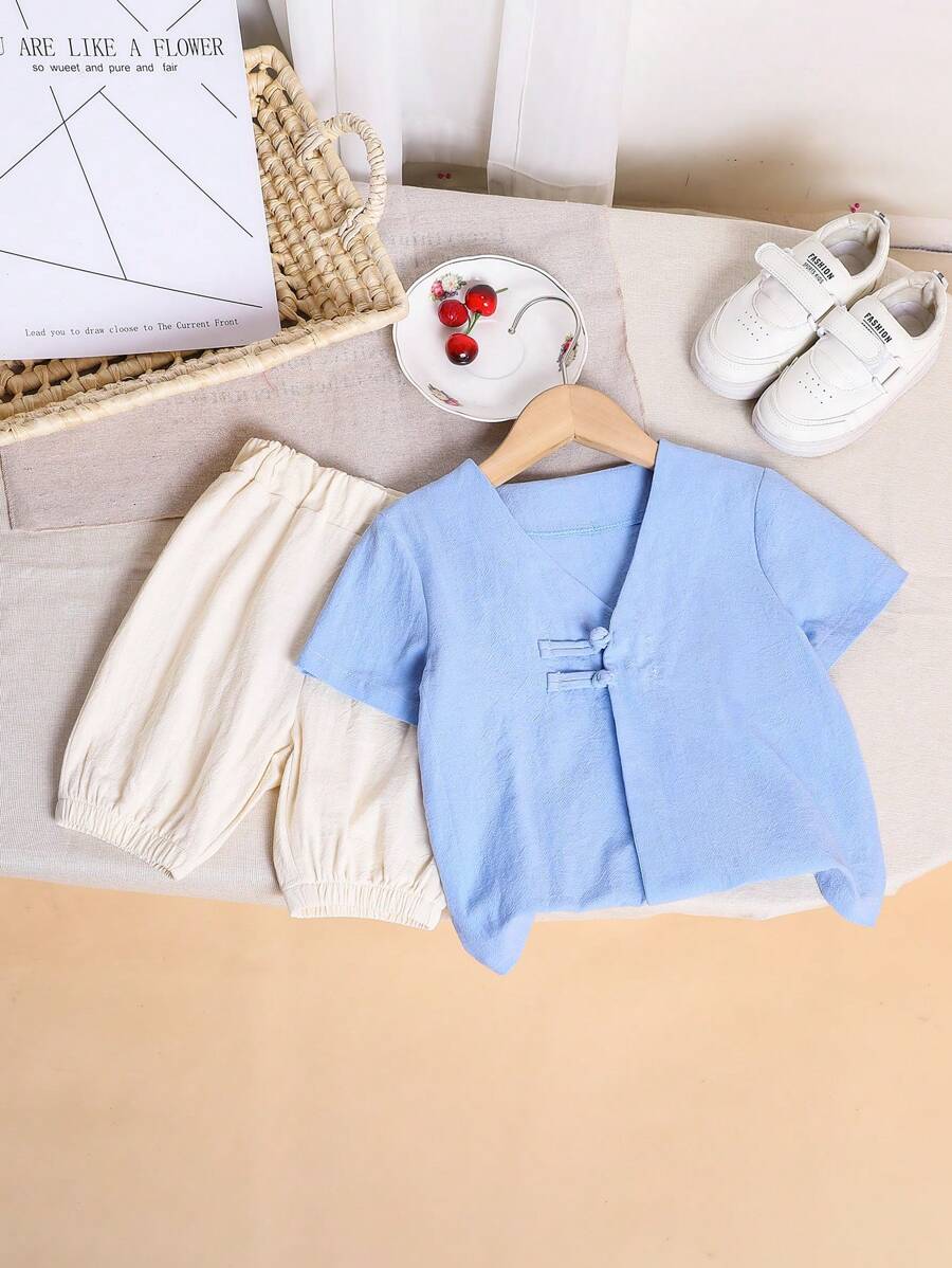 2pcs Set YoungBoys Solid Color Linen Button-Up Woven Long Pants, Comfortable For Casual Wear, Outdoor Play, Travel, School, Spring/Summer Chinese Outfit
