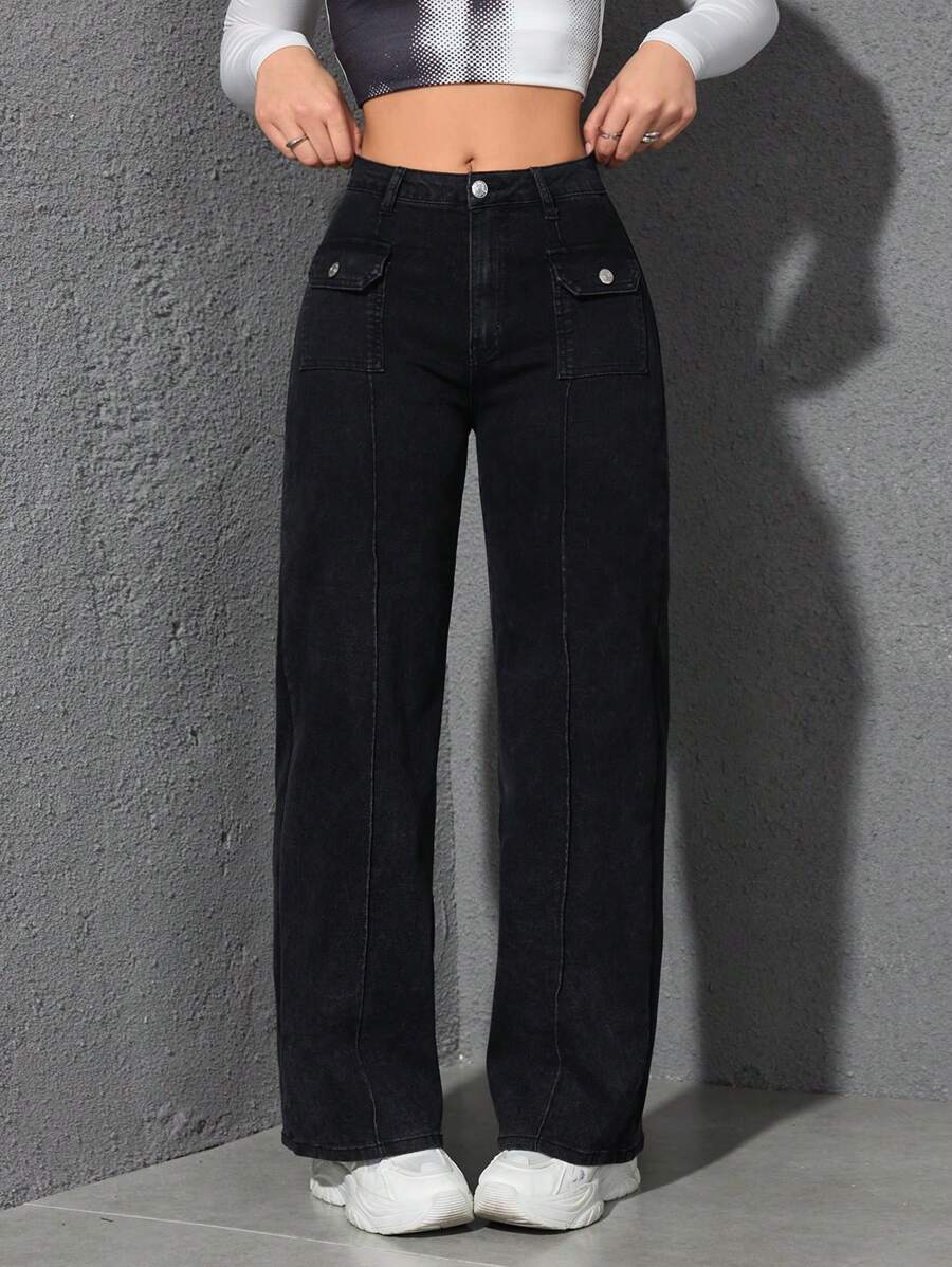 SHEIN EZwear 女式口袋直筒宽松休闲百搭牛仔裤 - 黑色 - 查看 1