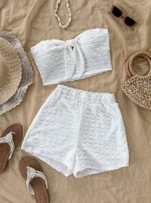 Soleia Conjunto de top bandeau con nudo y shorts para mujer, atuendo casual de playa, ropa de verano - Blanco - Ver 4