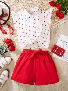 2pcs Valentine's Day Tween Girls Heart Print Collar Shirt And Shorts, Spring/Summer Casual Formal Outfit Set - Red and White - View 5