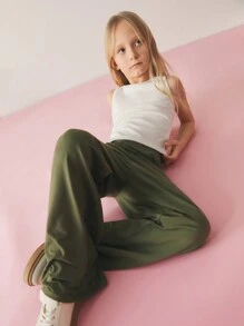 SHEIN 少女寬鬆針織復古高腰寬腿褲 - 軍綠色 - 查看 9