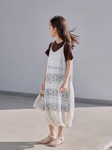 2pcs/Set Girls Solid Short Sleeve Dress With Lace Camisole Dress, Summer Set - Khaki - View 2