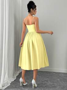 Rafferiza 女士时尚百搭吊带腰部喇叭下摆黄色连衣裙，适合约会、聚会、秋冬季