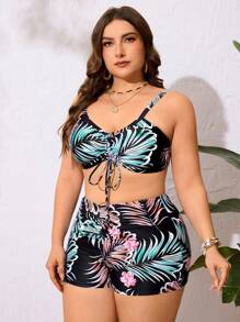 Swim Lushoire 夏季女式大码花卉和树叶印花前系带比基尼套装 - 彩色 - 查看 5
