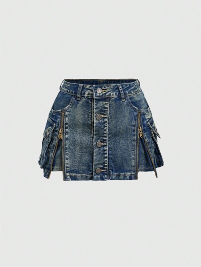 Kawaii Gonna di jeans vintage Y2K lavata a basso vita con chiusura lampo