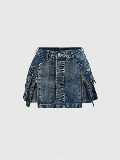ROMWE Kawaii Y2K Vintage Washed Zip Up Low Waist Mini Denim Skirt
