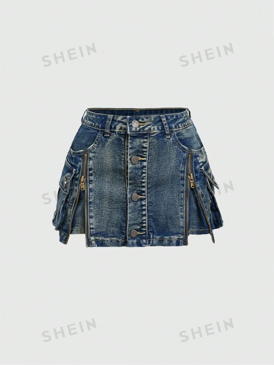 ROMWE Kawaii Y2K vintage Washed Reißverschluss Mini Denim Rock mit niedriger Taille - Blau - Übersicht 1