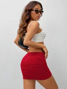 SHEIN MOD Minifalda acampanada con volantes de doble capa de malla de verano - Rojo - Ver 4