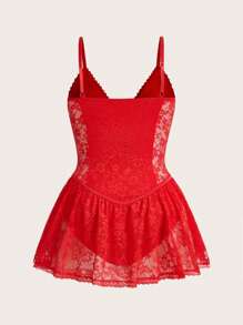 SHEIN ICON Plus Size Lace Patchwork Underwired Triangle Cup Lace Trim Decorative Dress For Summer - Red - View 2