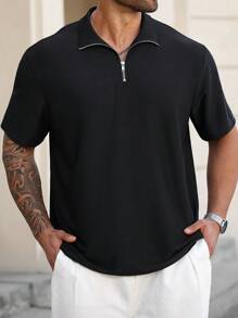 Manfinity Homme 大码男式纯色短袖休闲宽松 Polo 衫 - 黑色 - 查看 5