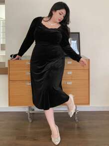 Dazy Plus Contrast Lace Fitted Long Sleeve Mid-Length Dress, Spring/Summer/Autumn - Black - View 6