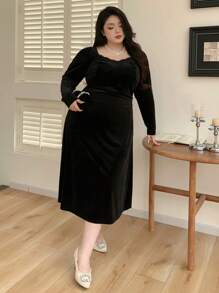 Dazy Plus Contrast Lace Fitted Long Sleeve Mid-Length Dress, Spring/Summer/Autumn - Black - View 4