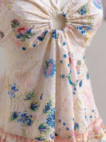 Soleia 春季女士腰部镂空刺绣花卉印花沙滩吊带裙 - 彩色 - 查看 5