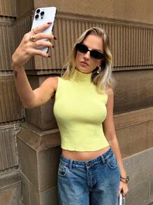 Forever 21 女士纯色立领无袖短款修身针织上衣，黄色 - 黃色 - 查看 7