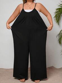 SHEIN CURVE+ Plus Size Solid Color Loose Jumpsuit With Pockets, Without Top - Black - View 3