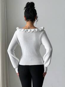 Chiquease Suéter de mujer elegante y versátil con volantes y moño, de estilo simple y a la moda - Blanco - Ver 2