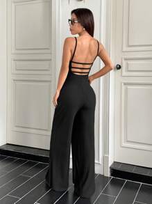 SHEIN Unity Ribbed Backless Minimalist Straight Leg Black Jumpsuits - Black - View 4