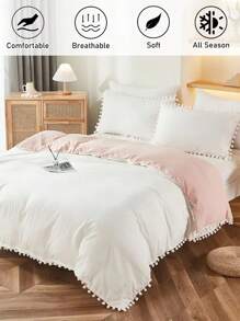 Juego de ropa de cama de 2/3 piezas con funda nórdica de color rosa y blanco con borlas de pompones, juego de ropa de cama de unicolor moderno y lindo para todas las estaciones, juego de ropa de cama para dormitorios universitarios, suave y transpirable (1 funda nórdica + 1/2 fundas de almohada, sin relleno)