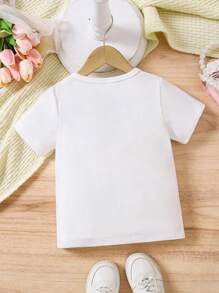Genkimix Kids 年轻女孩休闲可爱蝴蝶结刺绣圆领短袖 T 恤，夏季百搭 - 白色 - 查看 2