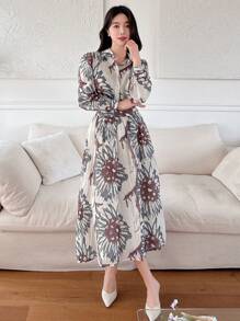 DAZY 2pcs/Set Women Floral Puff Sleeve Shirt And Skirt Outfit,Teacher Outfits,Fall Women Clothes Vacation Outfits Women - Red - View 4