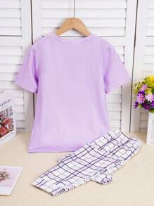 2 Peças Conjunto de Pijamas Feminino Casual Solto, Retardante de Chama, Seda de Leite, de Manga Curta, na Cor Violeta