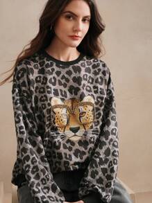 Anewsta Fashionable City Leopard Print Rhinestone Crew Neck Sweatshirt Pullover Fall Sweatshirt - Grey - View 3