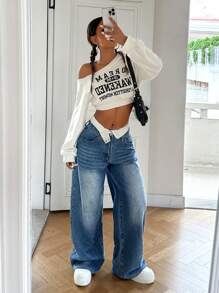 SHEIN PETITE CURVE Plus Size Women's Retro Blue Jeans With Collar Design And Elastic Waist, Loose Straight Leg Summer,Vacation Woman,Easter,Spring,Western,Office For Women,Rave,Baby Shower ,Cottagecore,Country Women,Old Money Style Women,Going Out,Festival,Rodeo,Airport For Women,Kpop,Tropical Vacation Woman,Nashville - Blue - View 3