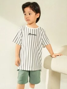 SHEIN Leap Crew Young Boy Letter Print Striped Tee - White - View 5