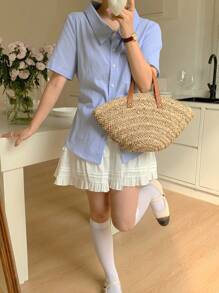 DAZY 女士单排扣口袋短袖条纹休闲衬衫夏季 - 藍色 - 查看 3