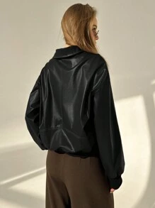 Aloruh New Vintage Style Stand Collar American Contrast Stitching Jacket Outerwear - Black - View 2