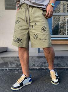DAZY Shorts casuales de verano para hombres con cordón en la cintura y estampado geométrico
