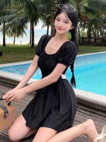 DAZY Costume da bagno monopezzocon maniche a palloncino, schiena aperta e laccetti, bicolore, casual, adatto per l'estate e le vacanze al mare - Bianco e nero - Visualizzare 2