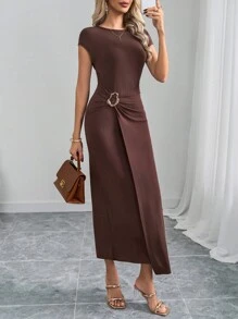 Ellevyn Women's Elegant Metal Button Decoration Twist Waist Long Sleeve Dress For Work And Daily Wear Women's Summer Clothing Ladies Dress Elegant Carnival Summer Women's Dress, Summer Dress Spring Wear Solid Black