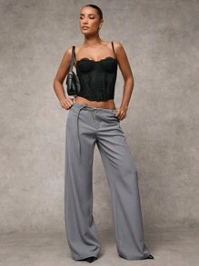 SHEIN BAE 女士灰色纯色百搭通勤休闲日常休闲腰部孔眼装饰抽绳阔腿宽松裤 - 灰色 - 查看 4