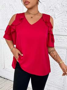 SHEIN Clasi Plus Size Women Solid V Neck Off Shoulder Tulip Ruffle Sleeve Elegant Romantic Valentine's Day Party Blouse