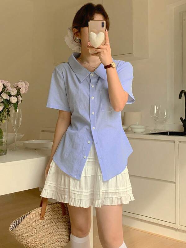 DAZY 女士单排扣口袋短袖条纹休闲衬衫夏季