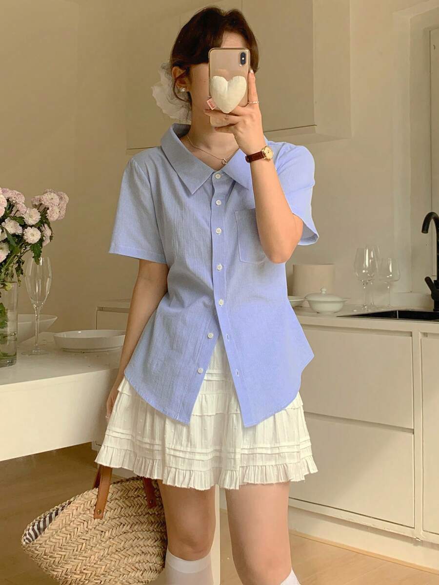 DAZY 女士单排扣口袋短袖条纹休闲衬衫夏季 - 藍色 - 查看 1