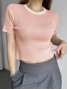 DAZY 女式撞色圆领修身短袖针织上衣，粉色，春夏 - 粉色 - 查看 6