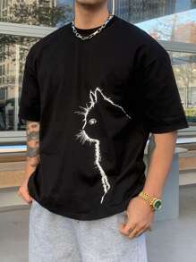 DAZY 男式抽象猫咪印花休闲街头图案 T 恤